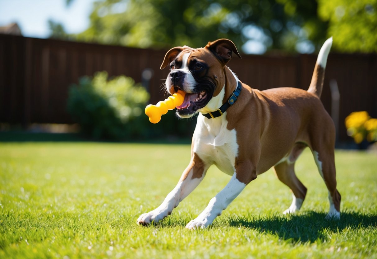 A boxer dog wagging its tail eagerly as it plays with a favorite chew toy in a sunny backyard