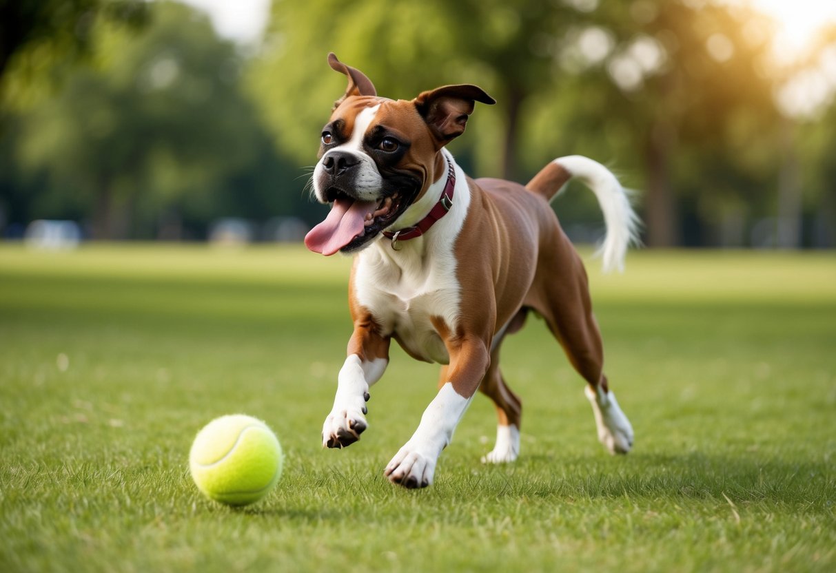 A boxer dog eagerly chases after a tennis ball in a grassy park, tongue lolling and tail wagging with excitement