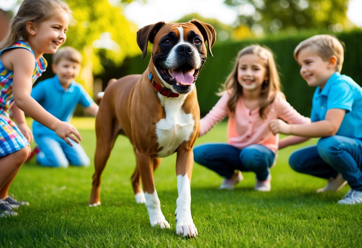 A happy boxer dog wagging its tail, with a big smile on its face, playing with a group of children in a sunny backyard