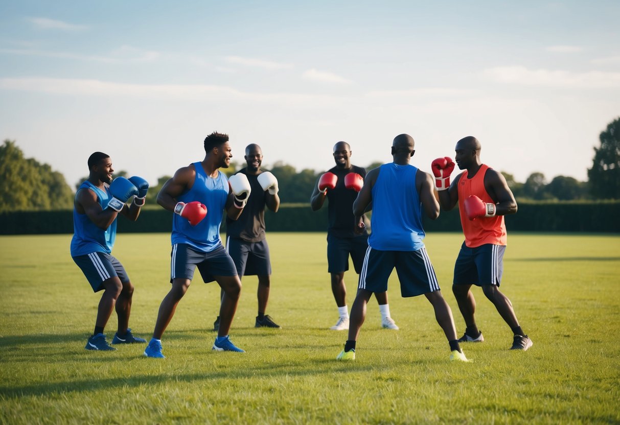 A group of boxers playing in a spacious, grassy field, happily interacting with each other and engaging in various training exercises