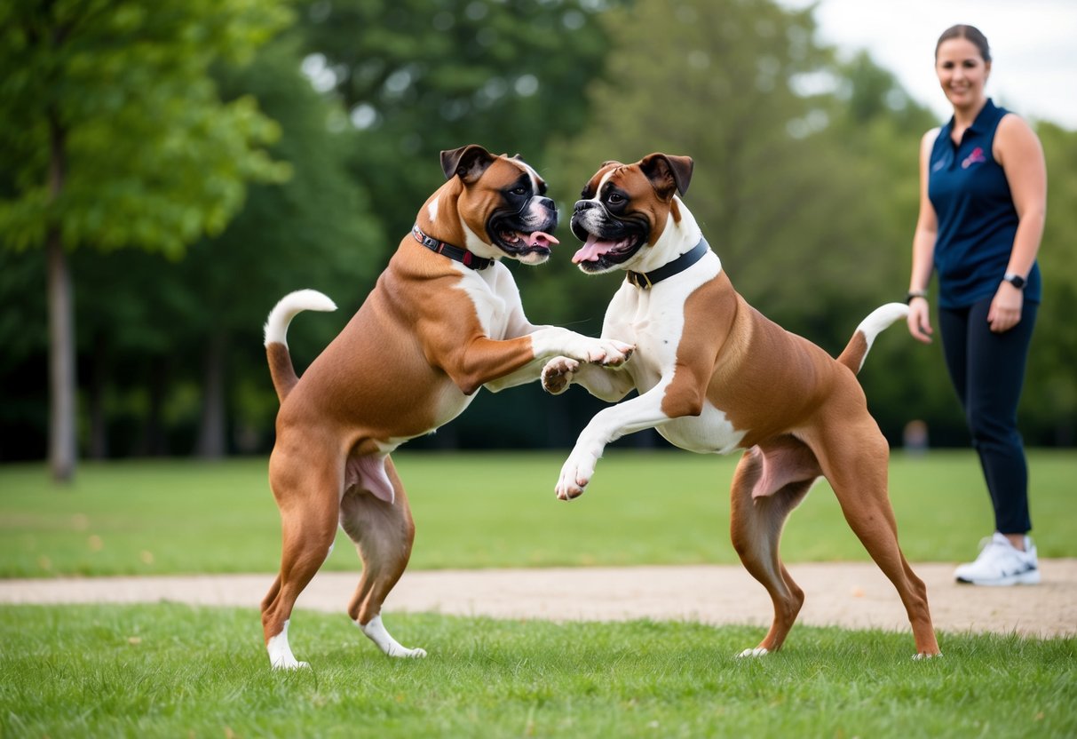 Two boxers playing together in a park, wagging tails and engaging in friendly interaction. A trainer stands nearby, observing and smiling