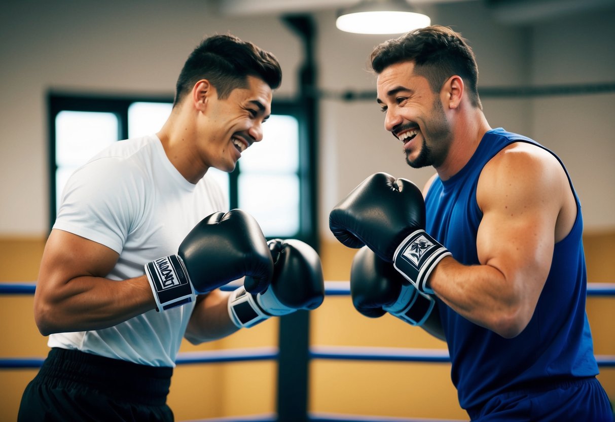 Two male boxers spar playfully in the gym, exchanging friendly banter and laughter between punches