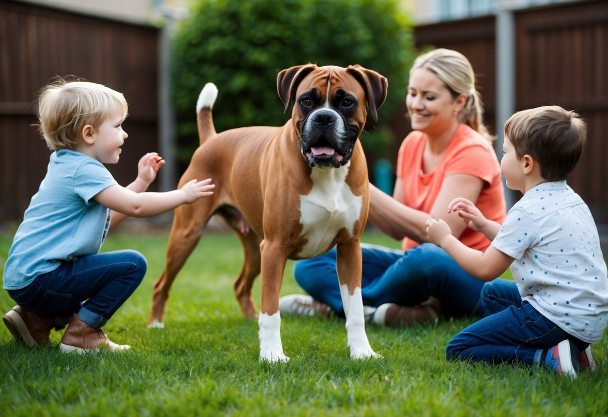 A Boxer playing with children in a backyard, wagging its tail and looking affectionately at the family