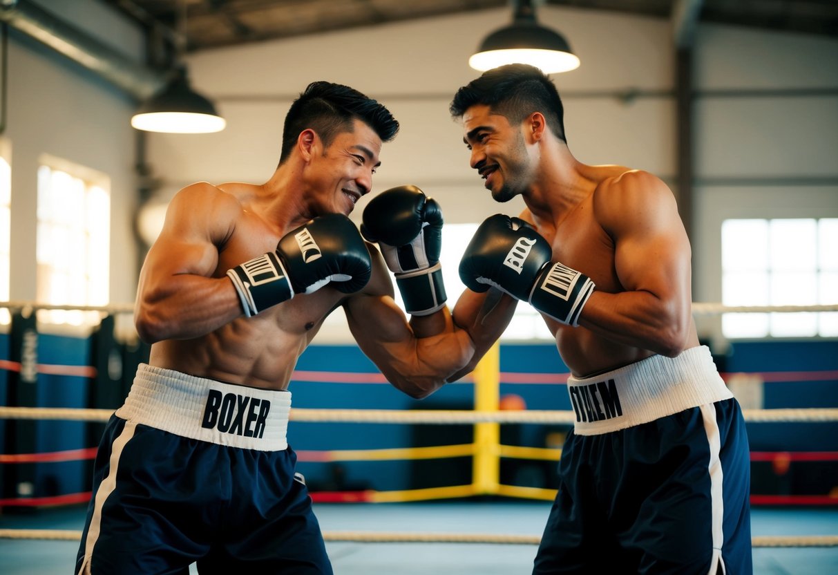 Two male boxers playfully sparring in a sunlit gym, their muscles tense as they size each other up