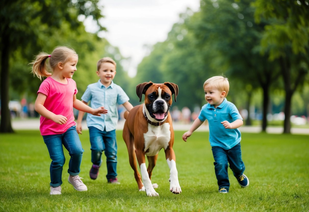 A happy Boxer dog playing with children in a park, wagging its tail and looking friendly
