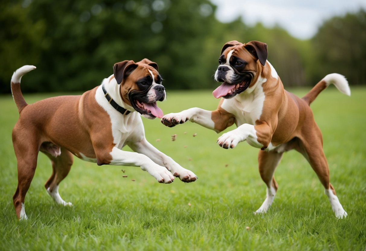 Two male boxers playfully spar in a grassy field, tails wagging and tongues lolling. Their bodies are tense and ready, but their faces convey pure joy