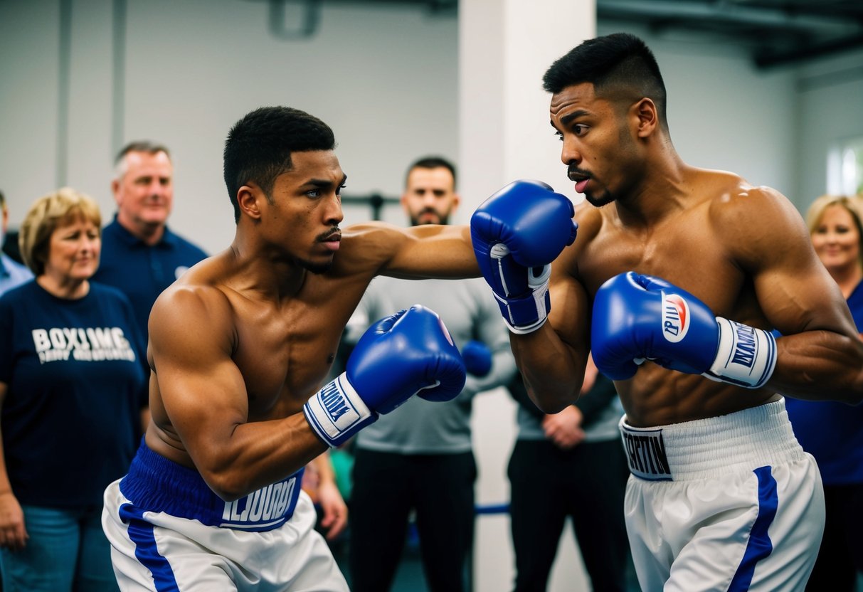 Two male boxers sparring in a gym, one with a focused expression and the other with a determined look, surrounded by supportive family members watching from the sidelines