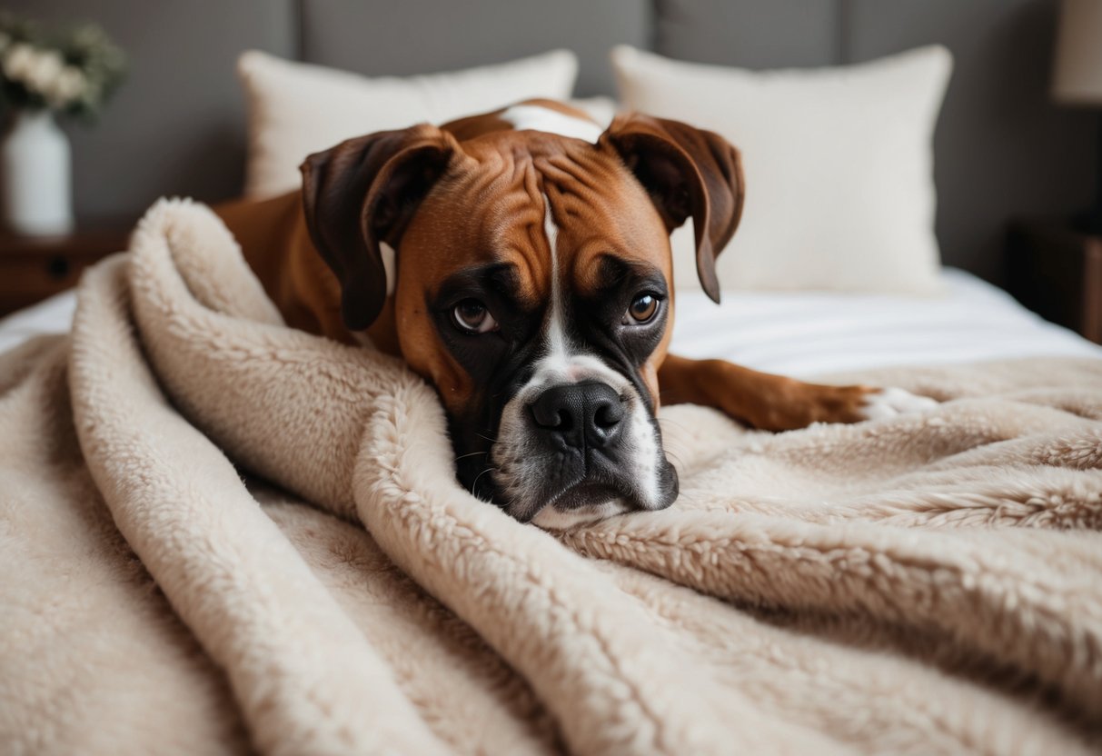 A boxer dog nuzzles into a plush blanket, its tail wagging happily