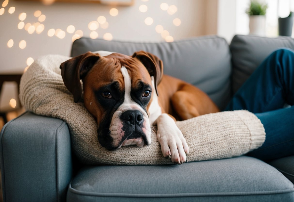 A boxer dog lounging on a cozy couch, snuggled up with its owner, nuzzling into their embrace with a content expression