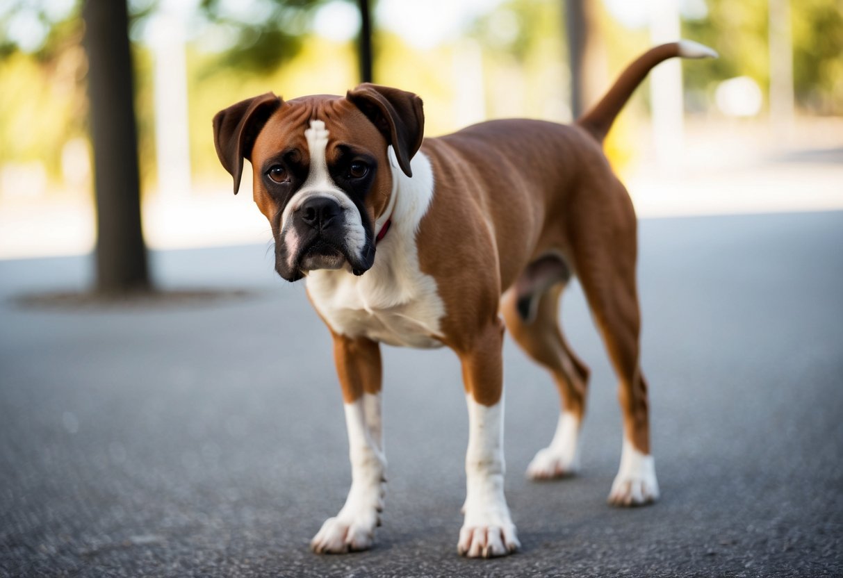 A boxer dog stands on its hind legs, front paws raised, leaning forward with a curious expression