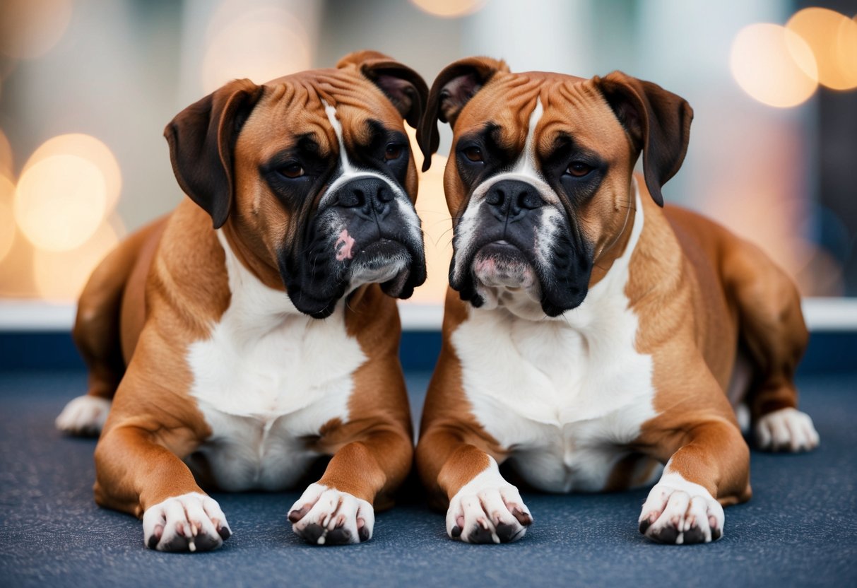 Two boxers lying side by side, nuzzling each other with contented expressions
