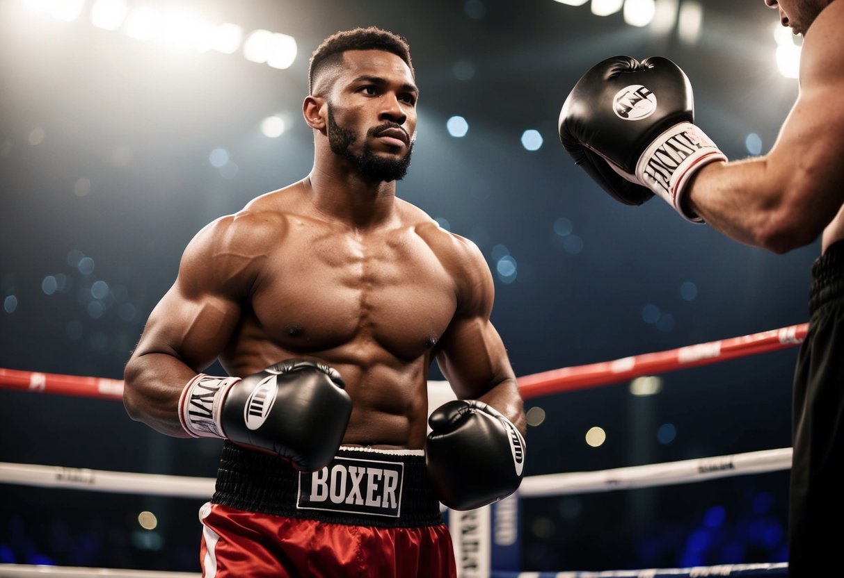 A muscular boxer stands confidently in the ring, exuding determination and focus as he prepares to face his opponent