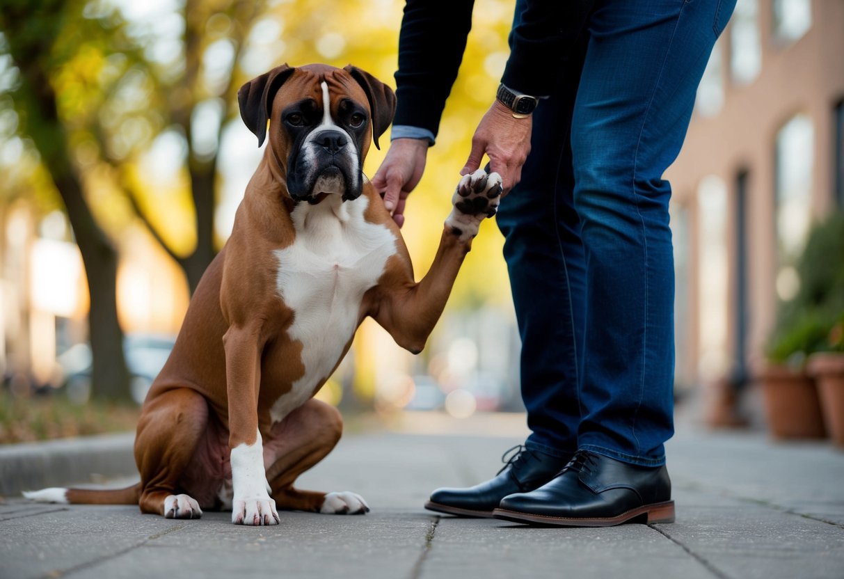 A boxer dog sits, front paws raised, gently pawing at a person's leg with a curious and attentive expression