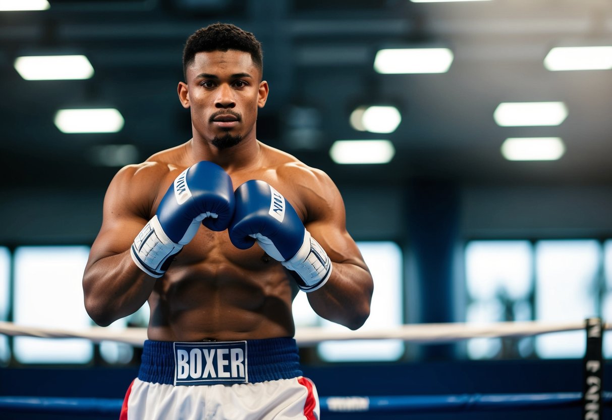 A muscular, alert boxer exudes confidence and determination, standing with a powerful stance and focused expression