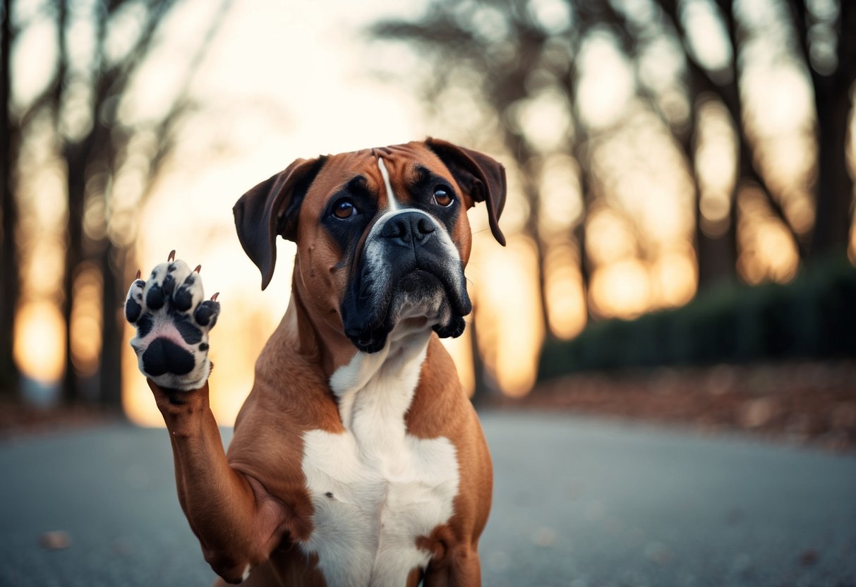A boxer dog sits with one paw raised, looking up with a protective and affectionate expression