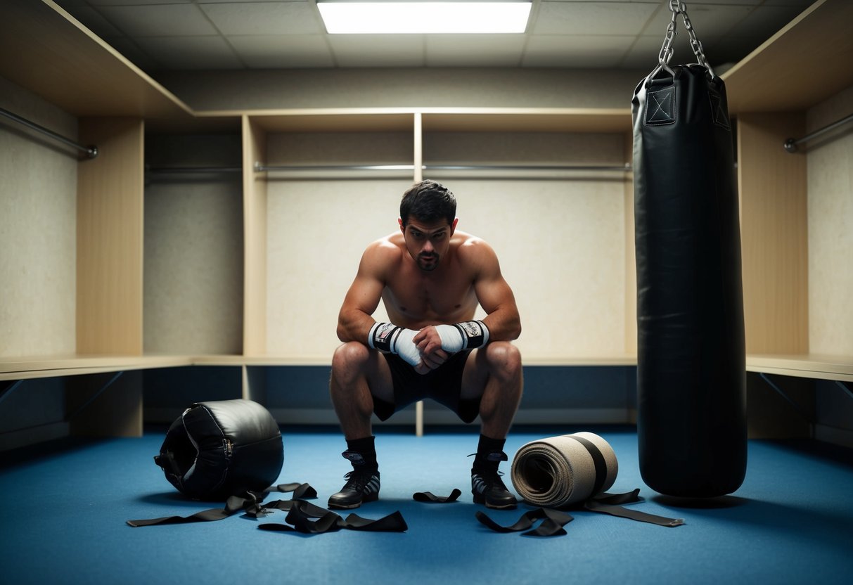 A frustrated boxer sits in a dimly lit locker room, surrounded by torn hand wraps and a broken punching bag