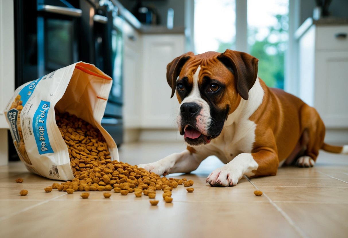 A hungry boxer dog eagerly eyes a spilled bag of kibble on the kitchen floor, its tail wagging excitedly
