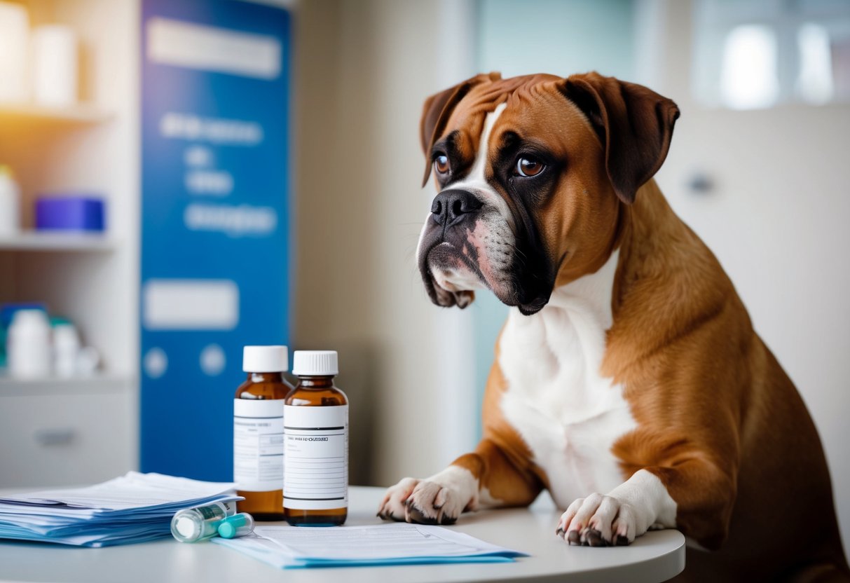 A boxer dog with a worried expression sits next to a table stacked with veterinary bills and medication bottles