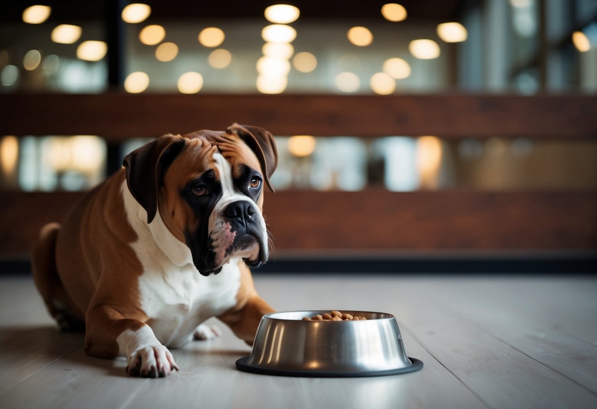 A hungry boxer dog eagerly waiting by its empty food bowl