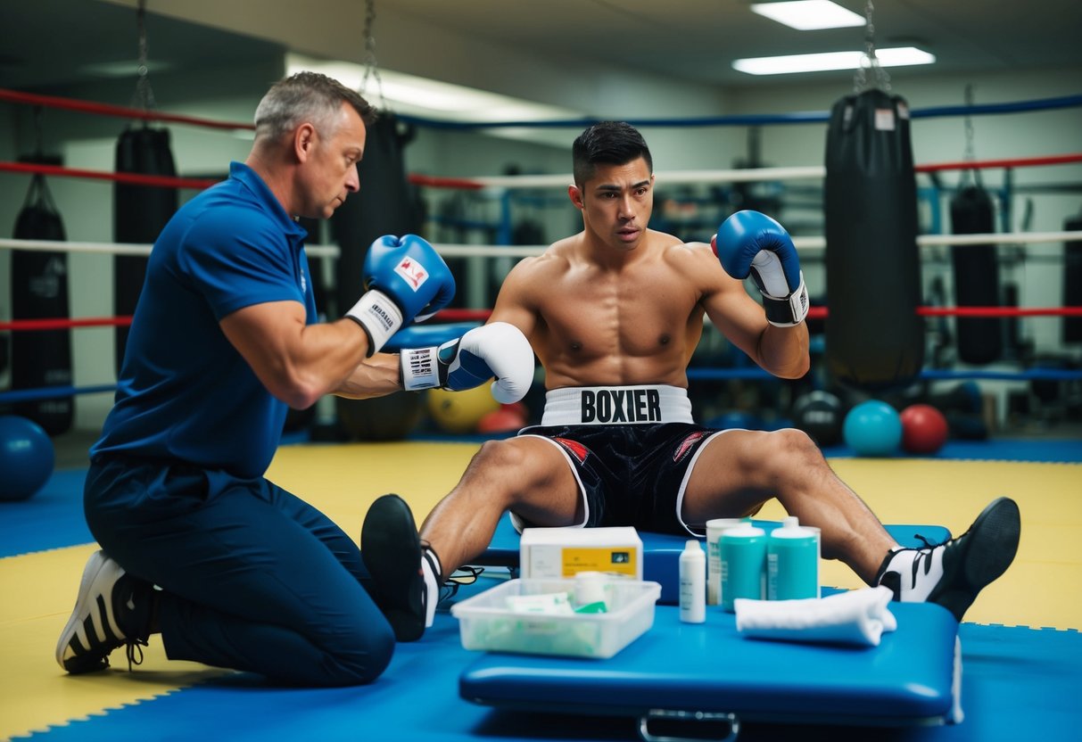 A boxer sits in a well-lit gym, surrounded by medical supplies and equipment. A trainer demonstrates preventative measures and treatments for common boxing injuries
