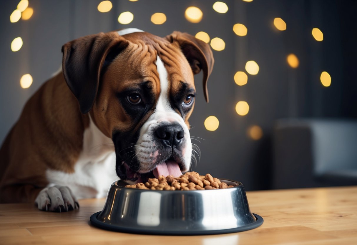 A hungry boxer dog eagerly eyes a full food bowl, wagging its tail and drooling