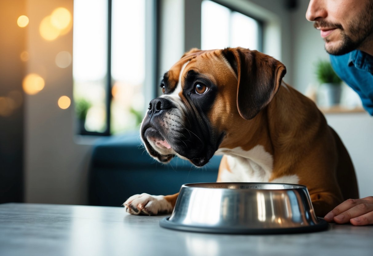 A hungry boxer dog eagerly waits by its empty food bowl, looking up expectantly at its owner