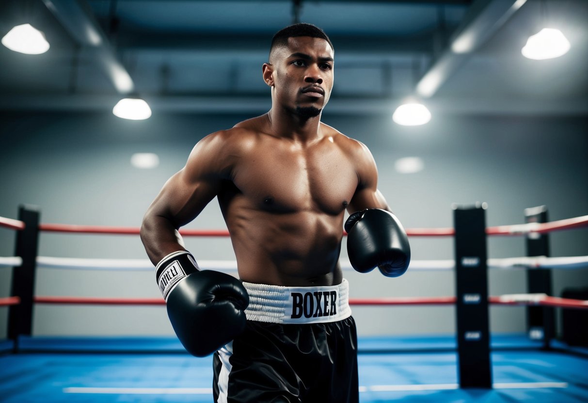 A lean boxer standing confidently in the ring, wearing boxing gloves and shorts, with a determined expression on his face