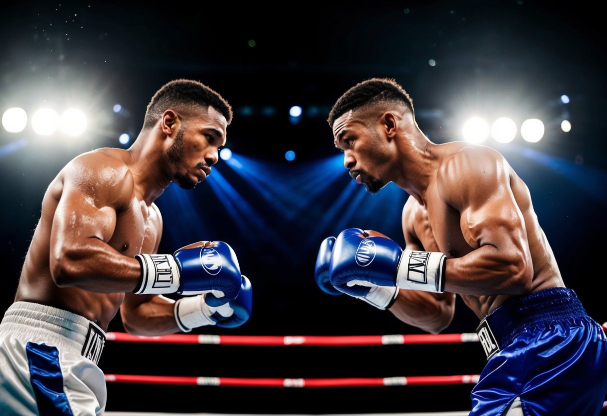 Two boxers face off in the ring, their lean and muscular bodies glistening with sweat under the bright lights