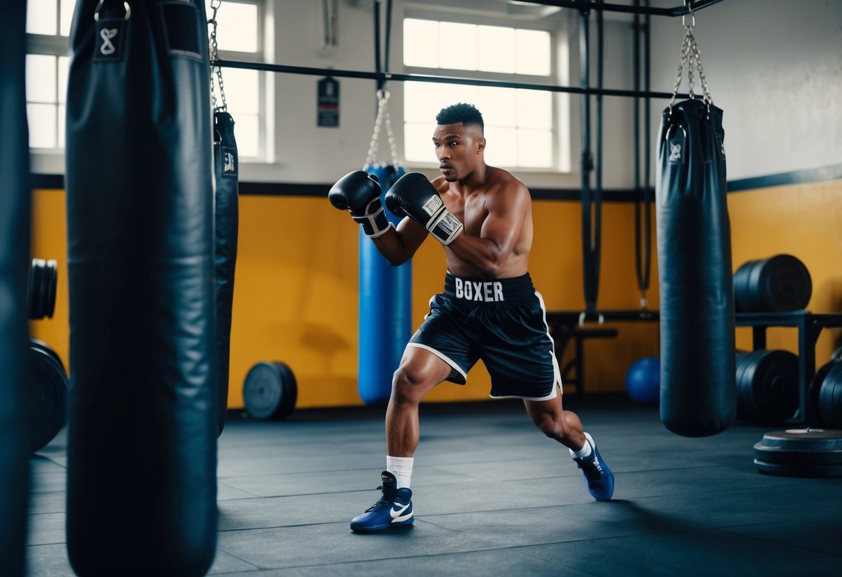 A boxer trains in a gym, surrounded by punching bags and weights. The room is filled with sweat and determination as the boxer works on their speed and agility