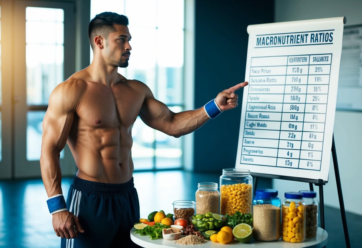 A lean, muscular boxer stands next to a table piled with healthy foods and supplements. His trainer points to a chart showing macronutrient ratios