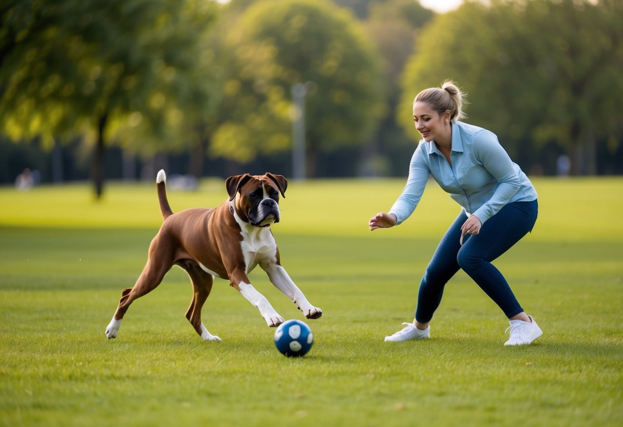 A person playing fetch with a Boxer dog in a spacious, grassy park, with the dog eagerly fetching and returning a ball
