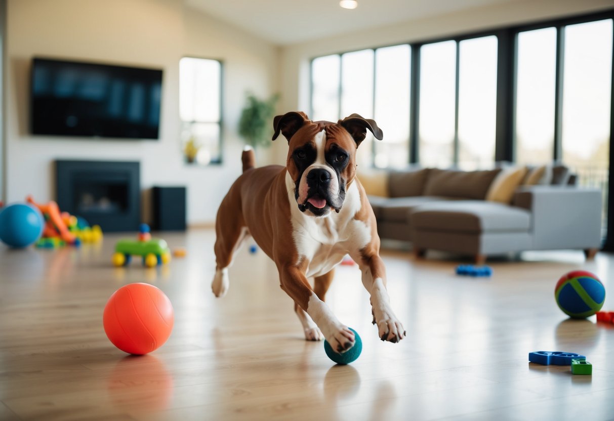 A boxer dog chasing a ball in a large, open living room with scattered toys and obstacles