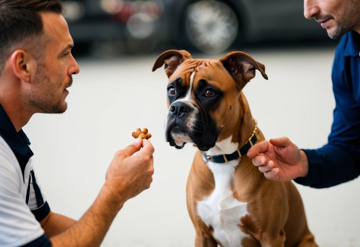A boxer dog sits attentively, ears perked, eyes focused on its trainer holding a treat. The trainer gestures, giving commands with confidence