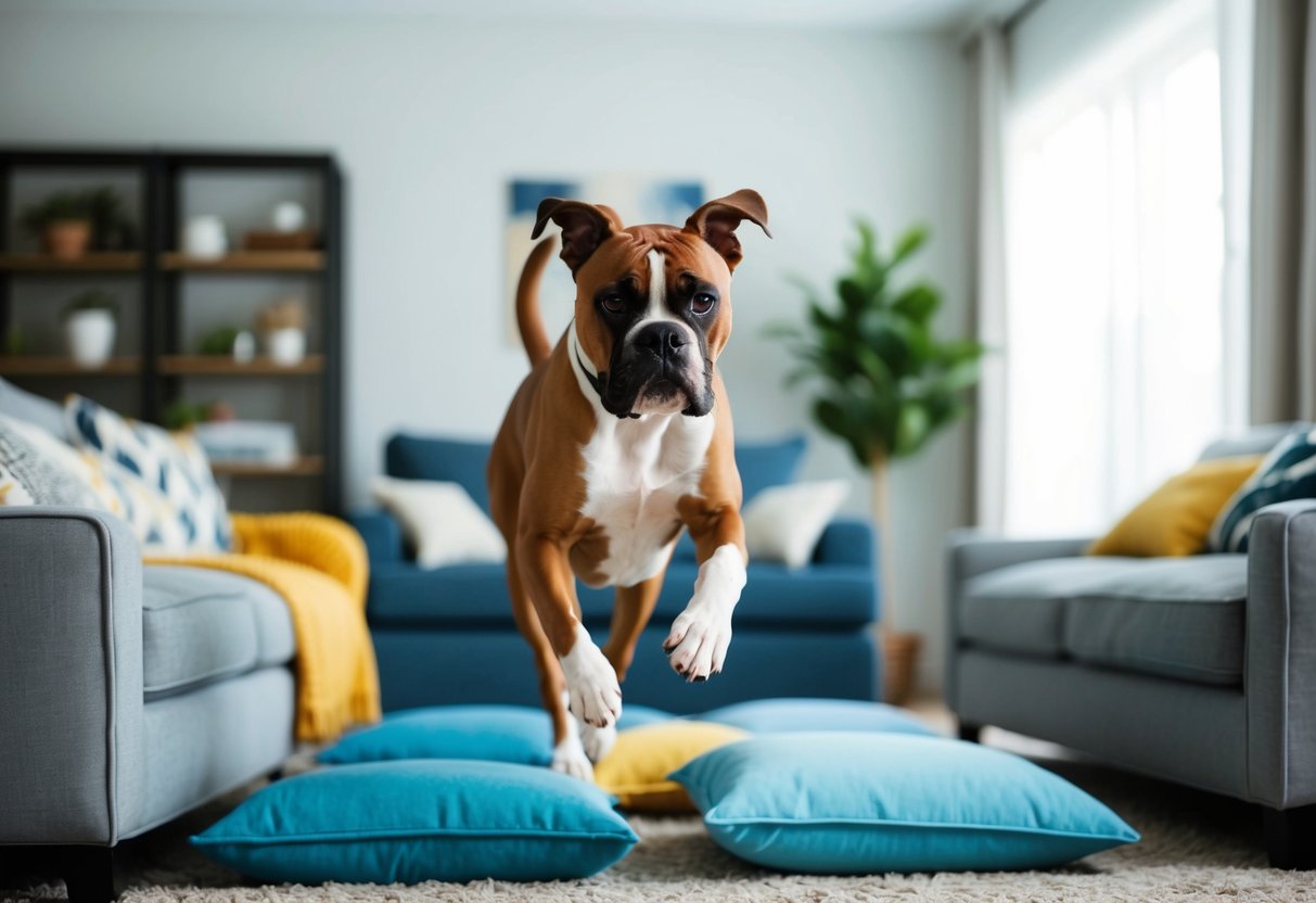 A boxer dog runs through a living room obstacle course, jumping over cushions and weaving around furniture