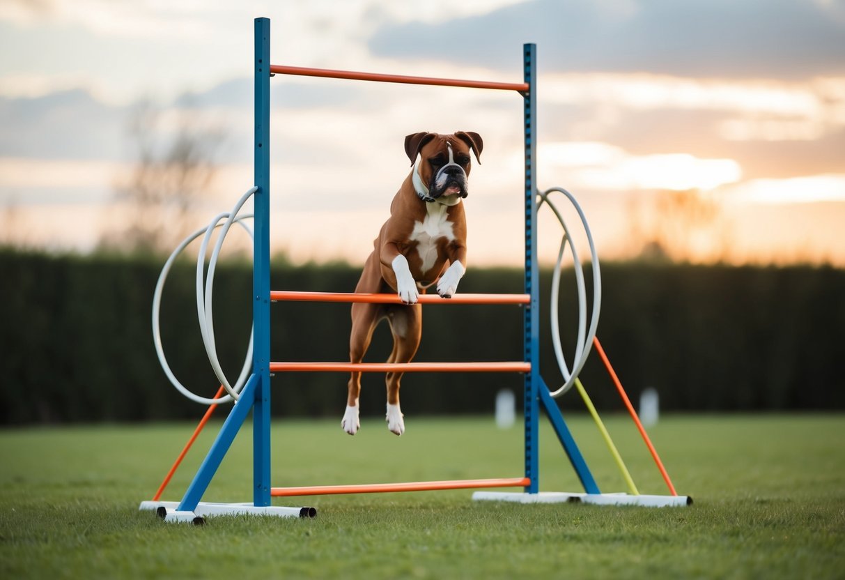 A boxer dog jumps through hoops and weaves through obstacles during advanced training