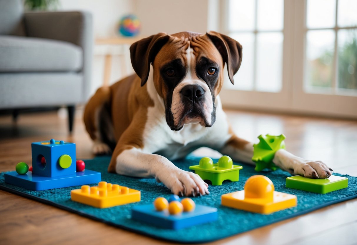 A boxer dog engages in a variety of mental enrichment activities at home, including puzzle toys, scent games, and interactive feeding devices