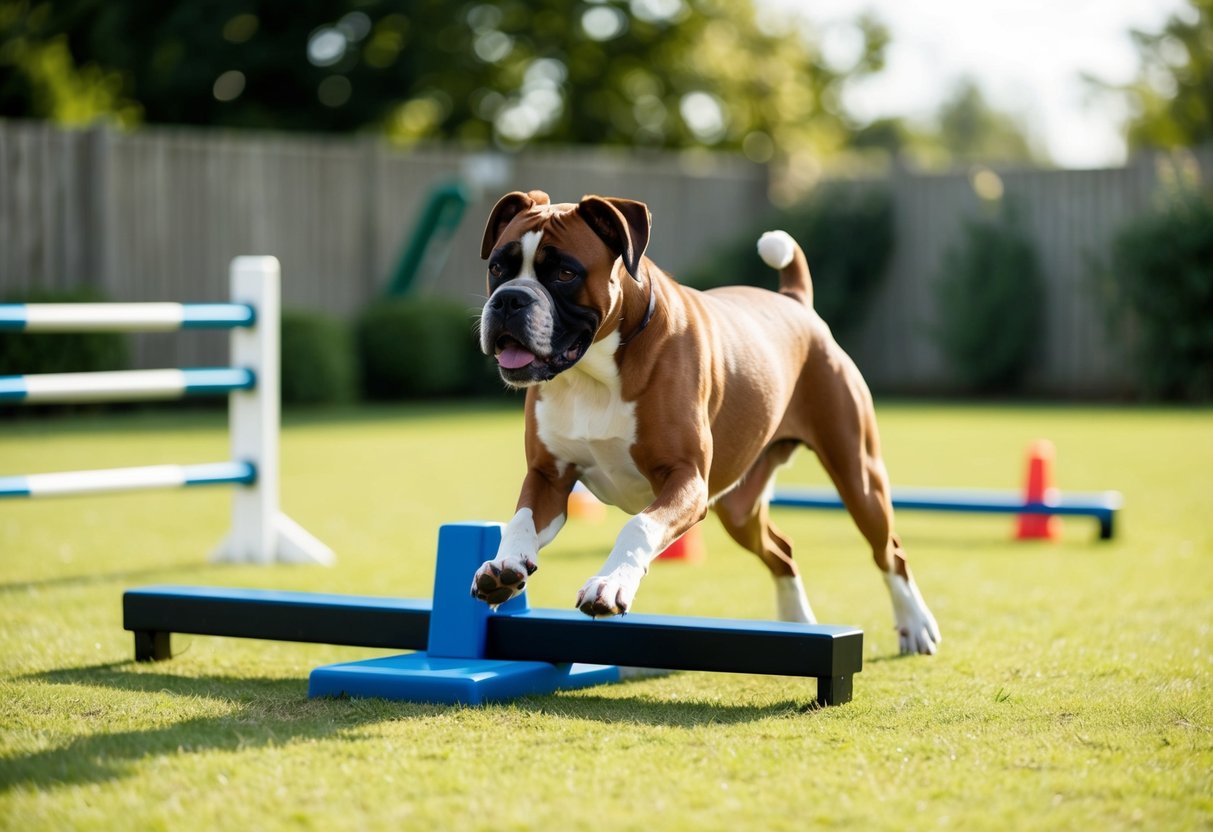 A boxer dog eagerly follows a consistent training schedule, practicing commands and agility exercises in a spacious outdoor yard