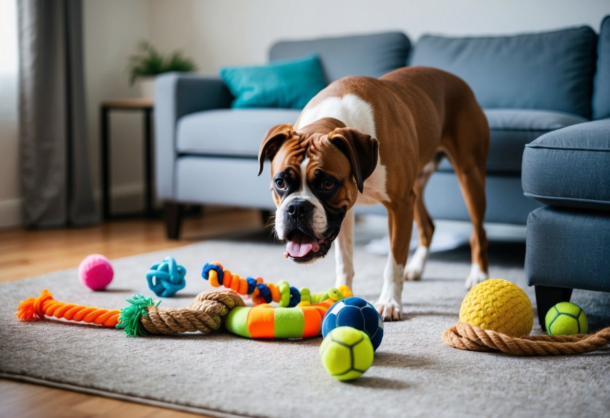 A boxer dog plays with a variety of toys scattered around a living room, including a chew toy, a rope toy, and a ball