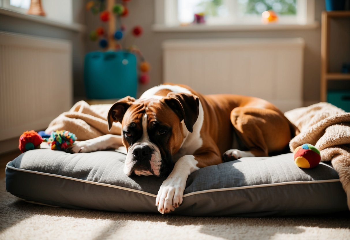 A boxer dog lounges on a cozy bed, surrounded by toys and blankets, peacefully napping in a sunlit room