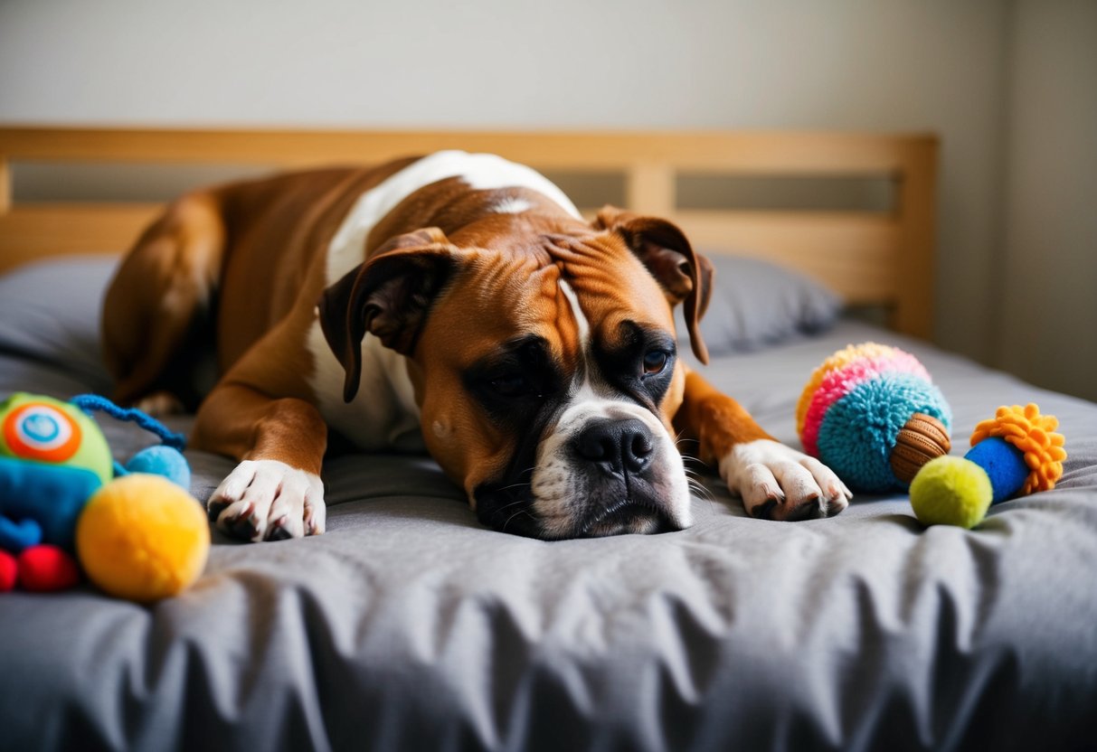 A contented boxer dog sleeping peacefully on a cozy bed, surrounded by toys and with a full belly