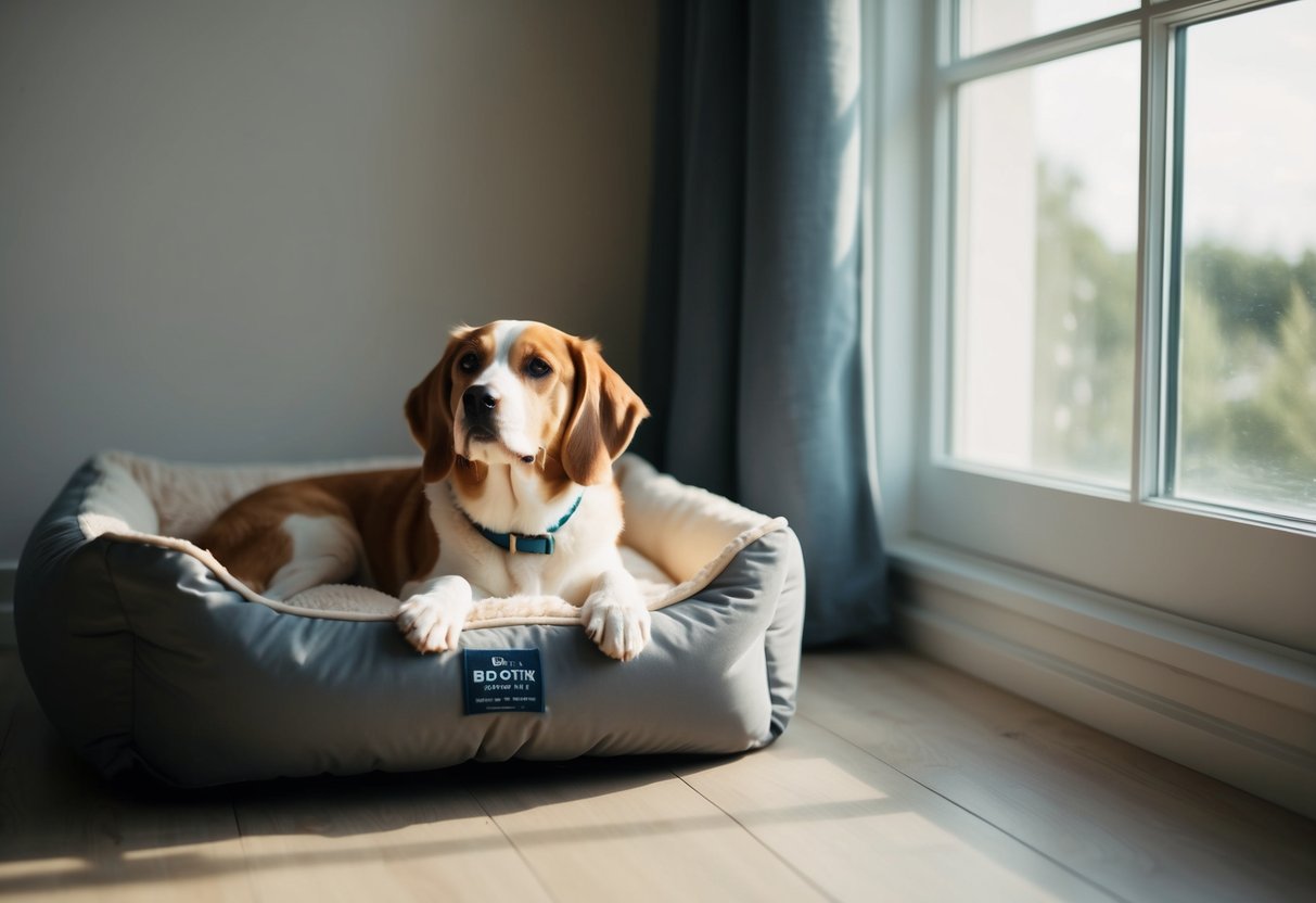A cozy dog bed near a sunny window, with soft blankets and a plush toy. A calm, quiet room with dim lighting and gentle background noise