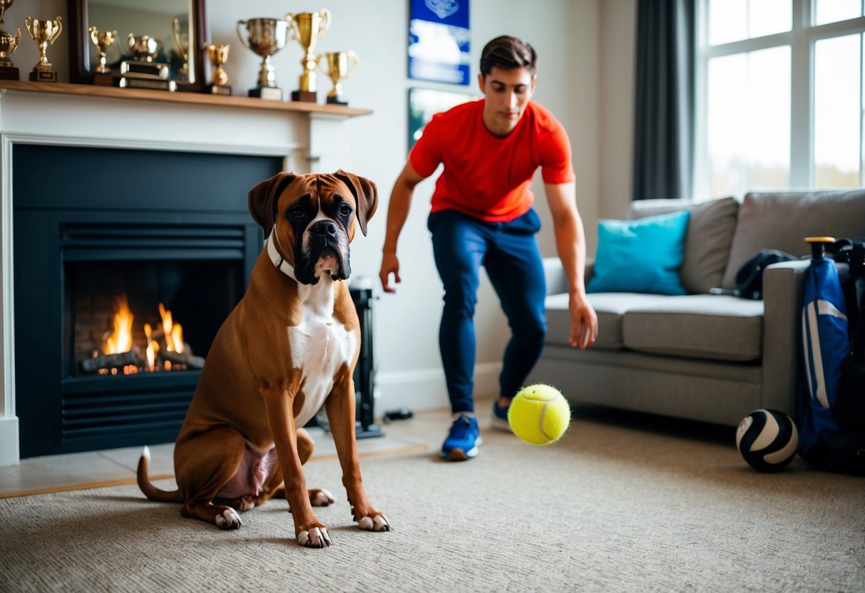 A boxer dog sits by a fireplace, while its owner, a young, active person, plays with a tennis ball. The room is filled with sports equipment and trophies