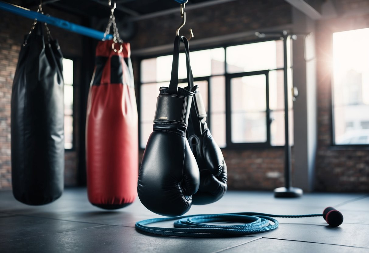 A pair of boxing gloves hangs on a hook, surrounded by a punching bag and a jump rope on the floor