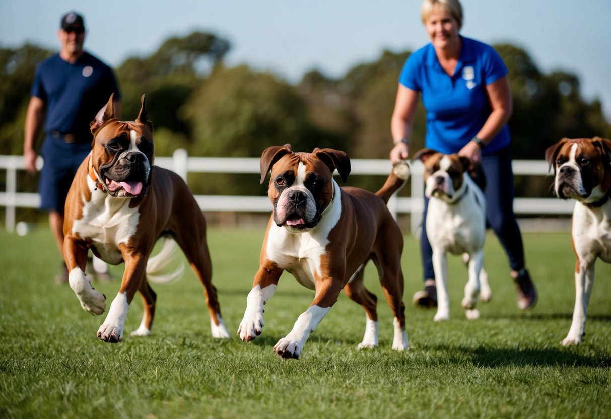 A boxer dog playing with other dogs at a training class, while their owner watches proudly from the sidelines