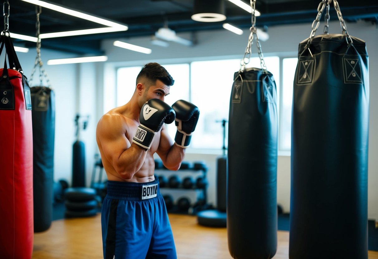 A beginner boxer shadowboxes in a well-lit gym, surrounded by punching bags and training equipment