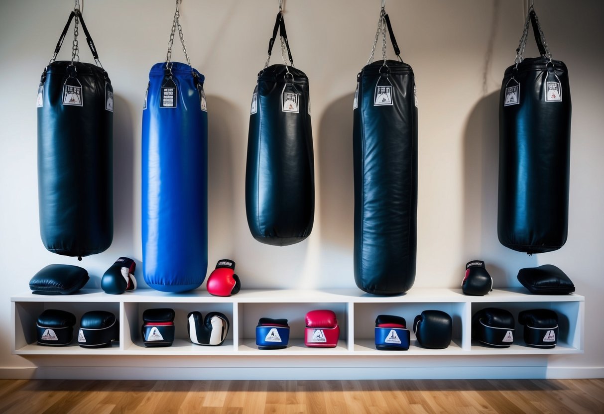 A boxing gym with hanging punching bags, speed bags, gloves, headgear, and mouthguards displayed on shelves