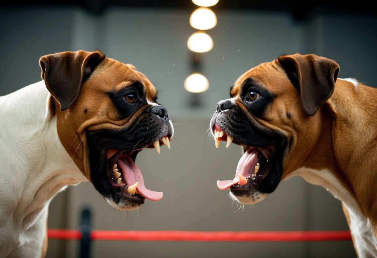 Two boxers facing each other with teeth bared and growling