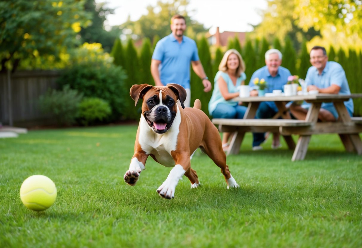A boxer dog playfully chasing a ball in a backyard, while a family watches and laughs from a nearby picnic table