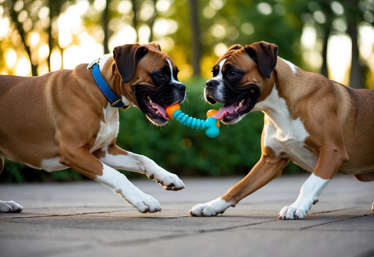 Two boxers playing with a chew toy, wagging tails and friendly interaction