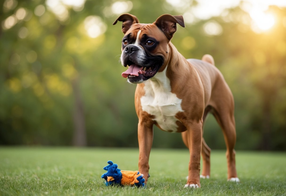 A boxer dog with raised hackles and bared teeth, standing over a chewed-up toy